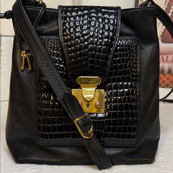 Bally Handbags - Vintage Bally Croc-Embossed Leather Crossbody Bag Gold Push-Lock Italy Classic